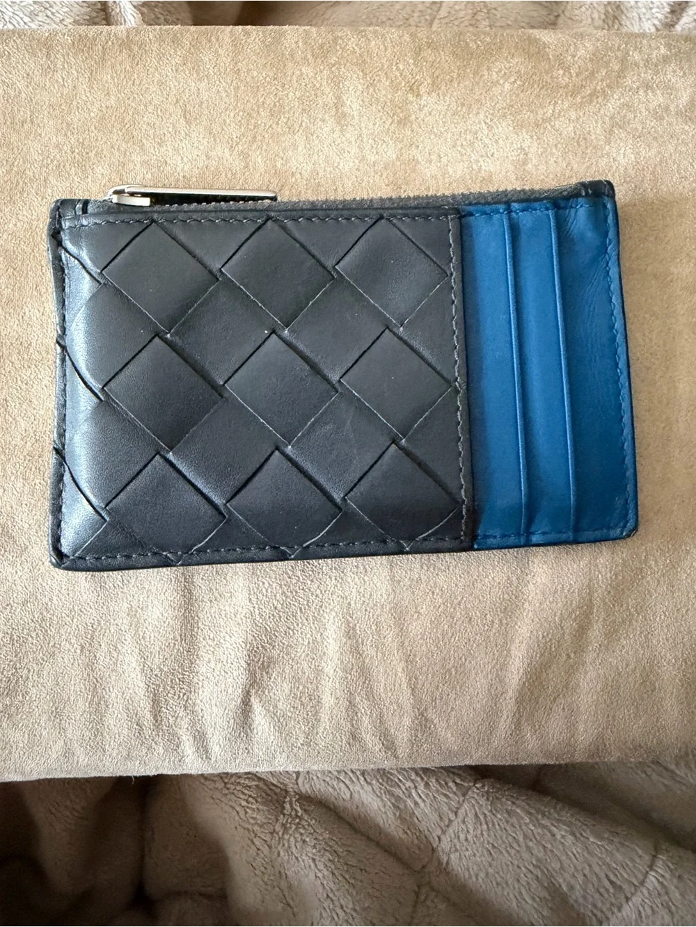 Bottega Veneta Black & Royal Blue Intrecciato Woven Leather Card Holder
